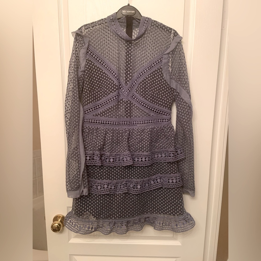 Self-Portrait Blue-Grey Lace Mini Dress - Size 8